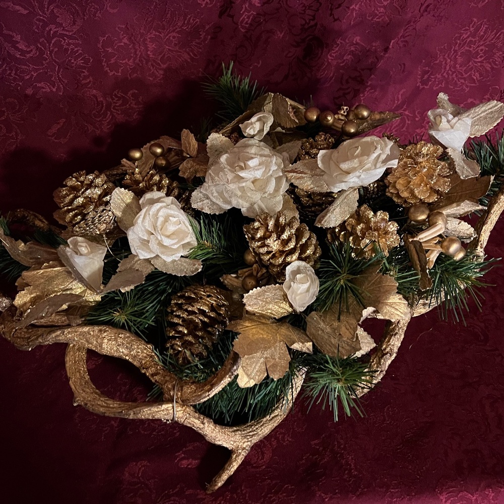 Vintage Christmas Arrangement Table Centerpiece 90's Gold Floral Pinecone